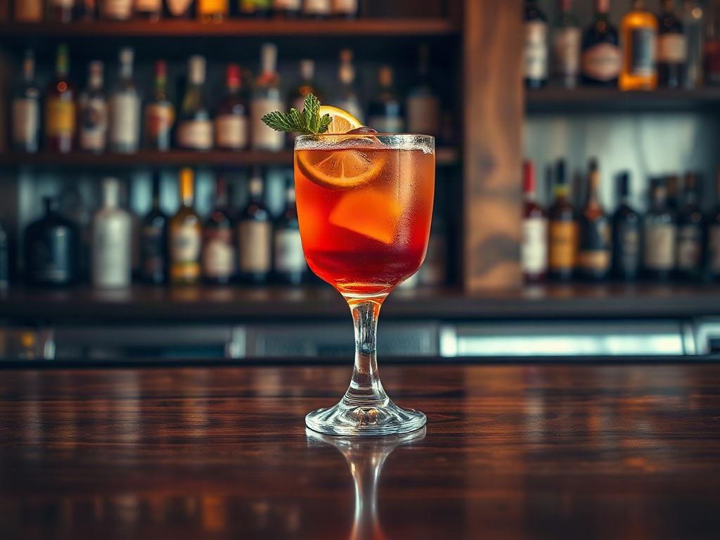 **Prompt for AI Image Generation:**

Create a highly realistic, high-resolution photo showcasing a single, beautifully crafted signature cocktail placed elegantly on a polished wooden bar countertop. The cocktail should feature vibrant colors, with layers of rich, deep hues and garnishes such as a citrus twist and a sprig of fresh mint, artfully arranged on the rim of the glass. The lighting should be warm and inviting, highlighting the drink's texture and reflections. In the background, softly blurred bar 