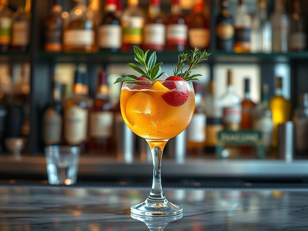 A close-up shot of a beautifully crafted cocktail on a bar counter, garnished with fresh herbs and colorful fruits. The background features blurred bar elements, showcasing a well-stocked shelf of premium spirits in rich, warm tones. The lighting is soft and inviting, enhancing the vibrant colors of the drink and creating an atmosphere of sophistication and enjoyment.