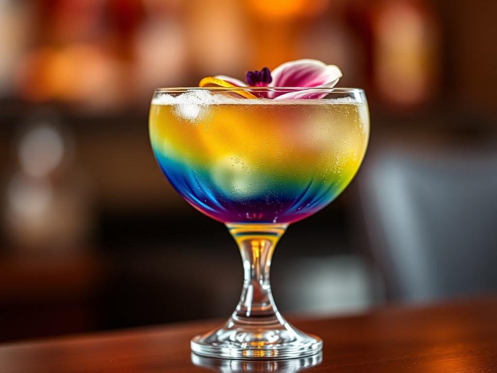 Create a realistic, high-resolution close-up shot of a beautifully crafted cocktail that embodies the top cocktail trends for 2023. The cocktail should be a vibrant and visually stunning creation, featuring a unique garnish, such as an edible flower or an elegant citrus twist, that adds an artistic flair. The glass should be a stylish coupe or highball, showcasing the colorful liquid inside, with condensation droplets on the exterior, suggesting it's been freshly prepared. 

The background should be softly 
