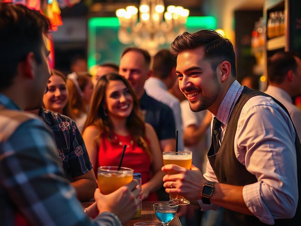 A bartender engaging with guests at a lively event, smiling and serving drinks responsibly. The focus should be on the bartender's interaction with guests, capturing a sense of safety and enjoyment in a vibrant atmosphere.