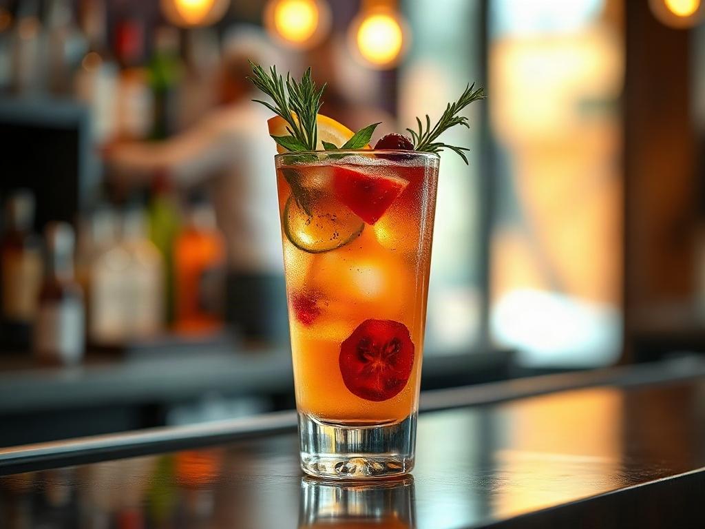 A beautifully crafted cocktail with vibrant colors, garnished with fresh herbs and fruits, displayed on a polished bar counter. The background should be softly blurred to emphasize the cocktail, with warm lighting creating an inviting atmosphere.