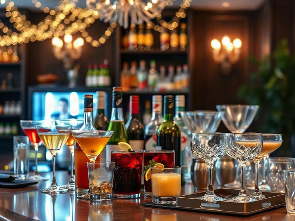 An organized and well-stocked bar setup at an elegant event, featuring a variety of drinks and glassware. The background should include soft lighting and decorations that reflect a festive atmosphere, showcasing a welcoming environment.