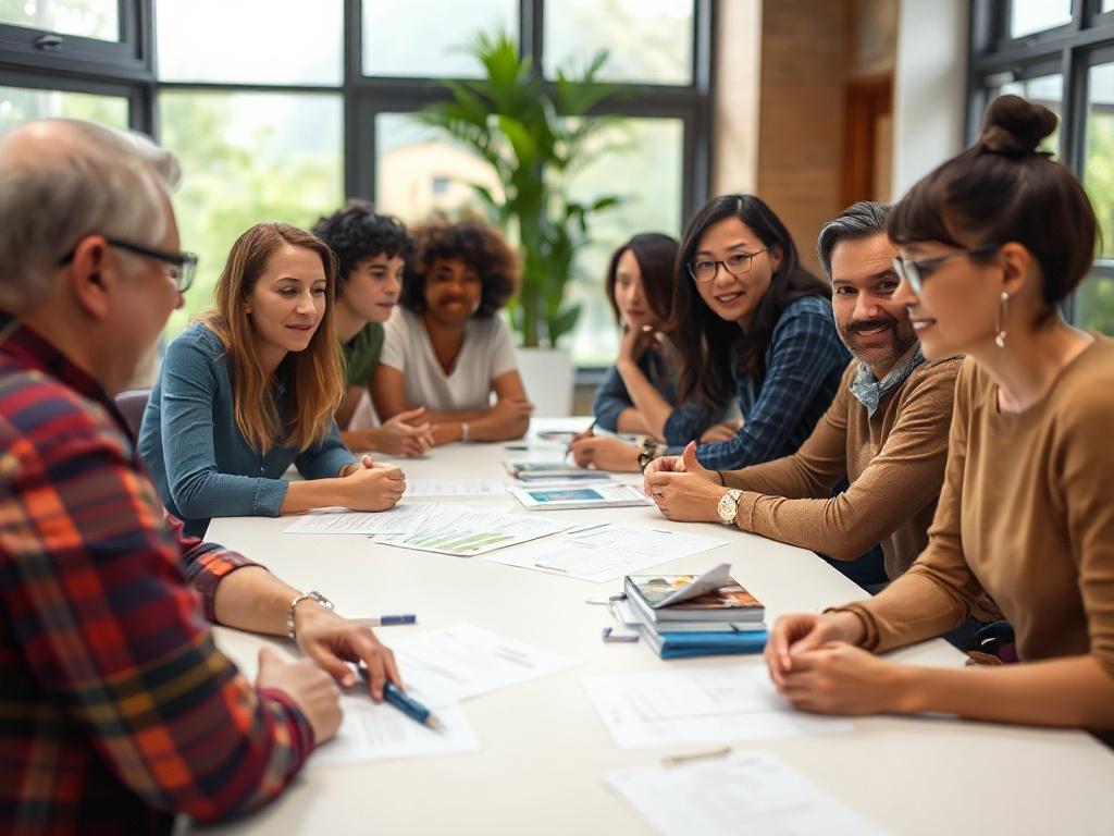 A close-up shot of a diverse group of individuals in a meeting discussing accessibility solutions, with documents and resources on a table. The background is a bright, welcoming office space with natural light coming through large windows, showcasing a collaborative and inclusive atmosphere.