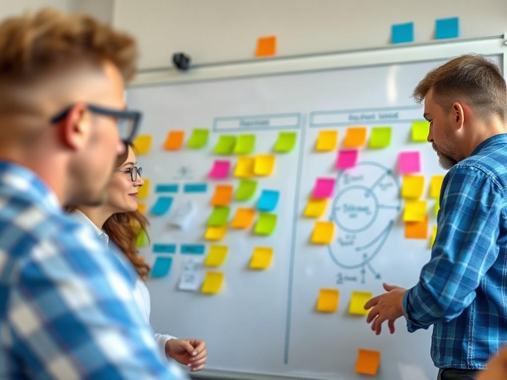 A close-up shot of a team brainstorming and mapping out a policy implementation strategy on a large whiteboard. The background features colorful sticky notes and diagrams, symbolizing collaboration and strategic planning.