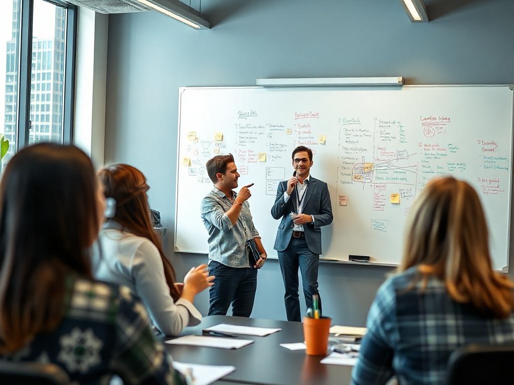A close-up shot of a facilitator leading a leadership development workshop with engaged participants. The setting is a modern conference room, featuring a whiteboard filled with ideas and notes, creating an energetic and inspiring environment.