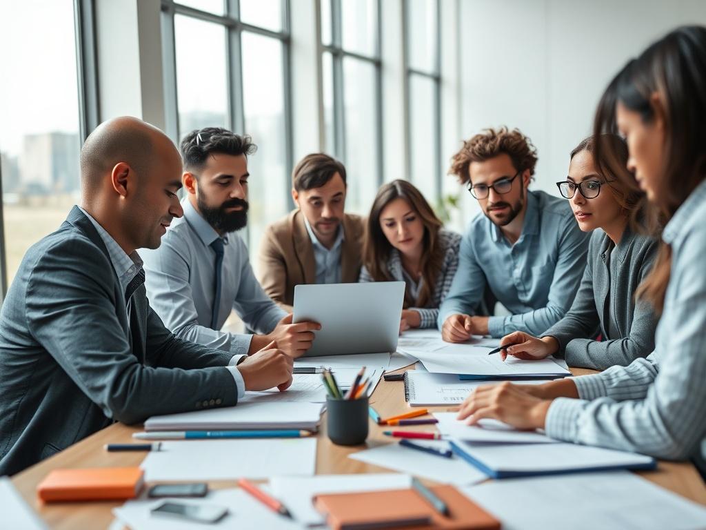 A close-up shot of a diverse group of professionals collaborating around a table filled with documents, laptops, and tools. The setting depicts a bright, modern workspace with large windows allowing natural light to flood in, creating an atmosphere of innovation and teamwork. The image should focus on the individuals engaged in discussion, highlighting their expressions of focus and determination. The color palette should harmonize with the primary color rgb(243, 153, 62), adding warmth to the scene.