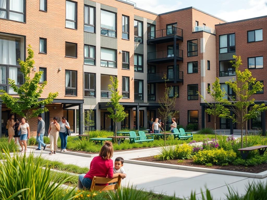 A close-up shot of a supportive housing project, showcasing modern architecture and community spaces, captured with a 45mm f/1.2 lens. The background features green landscaping and people engaging in community activities, highlighting the vibrant atmosphere.