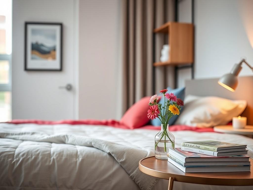 **AI Image Generation Prompt:**

Create a realistic high-resolution photo that exemplifies the concept of transforming rental units into shelters, reflecting the theme of "Converting Rental Units for Shelter: Applying Best Practice Precedent in Ontario." The image should depict a single, well-designed, welcoming interior space that has been converted for transitional housing use. 

**Composition Details:**
- The image should feature a cozy, modern studio apartment, showcasing elements that indicate it is a 