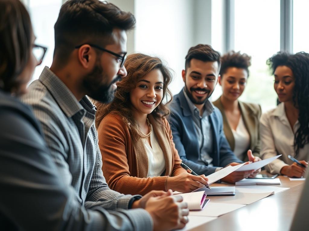 A close-up shot of a confident diverse group of leaders engaged in a workshop setting. The image captures a dynamic discussion with participants exchanging ideas, taking notes, and interacting with visual aids. The setting is bright and professional, highlighting a collaborative atmosphere that fosters growth and learning.