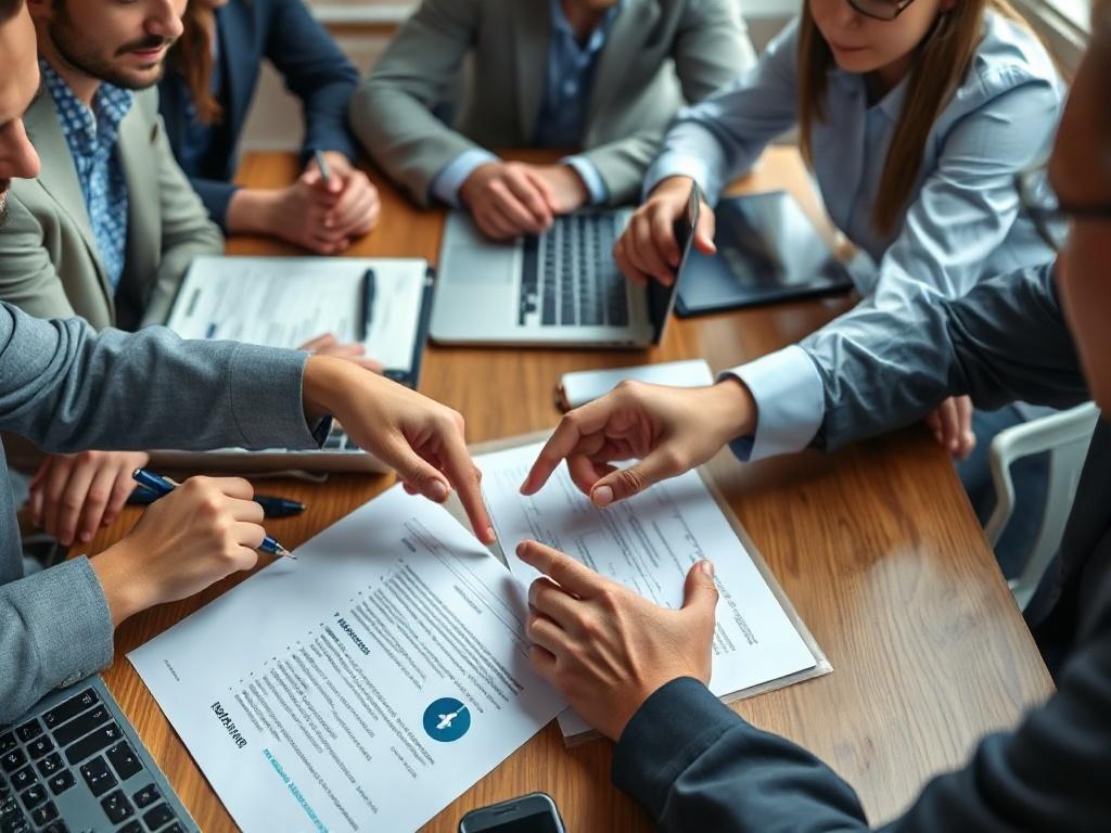 A close-up shot of a team working together at a table, reviewing policy documents and creating an action plan. The focus is on hands pointing at the documents, with laptops and writing materials scattered around. The environment is collaborative and focused, emphasizing teamwork and strategic planning.