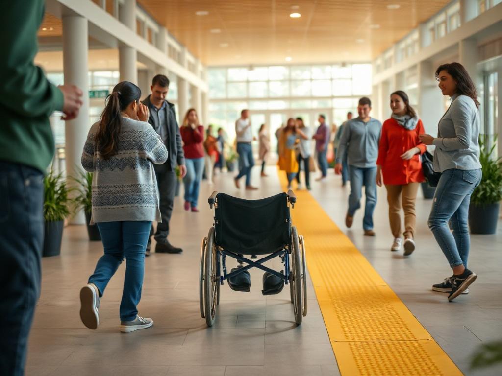 A close-up shot of a diverse group of people interacting in a well-designed accessible space. The focus is on a wheelchair user navigating smoothly through the area, surrounded by supportive infrastructure like ramps and tactile guide paths. The background features a bright and welcoming environment that emphasizes inclusivity and accessibility.