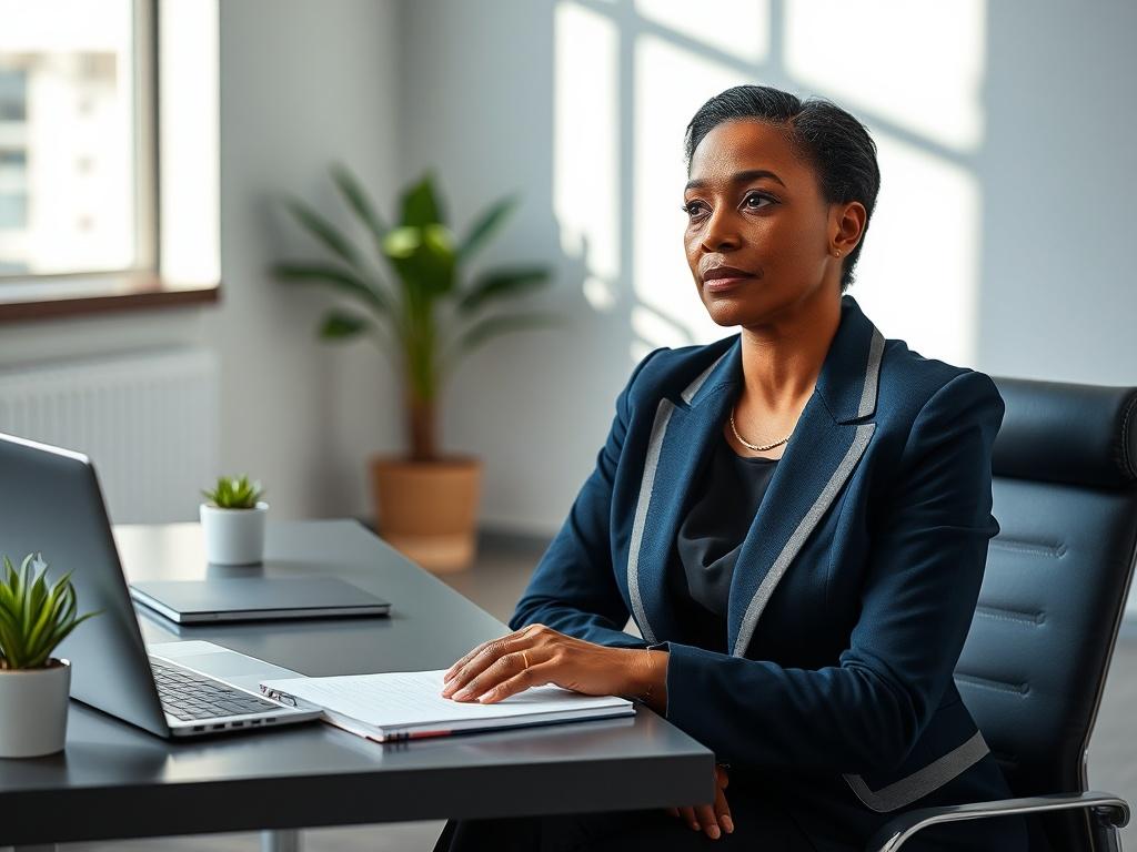 **AI Image Generation Prompt:**

Create a highly realistic and high-resolution close-up image featuring a confident and professional woman in her mid-40s, Abla D. Tsolu, sitting at a sleek contemporary desk in a well-lit office setting. She is engaged in a thoughtful moment, looking off to the side as if contemplating a complex problem, embodying the essence of a policy and housing consultant. Her attire should reflect professionalism and leadership — a tailored navy blue blazer with light grey accents, pai