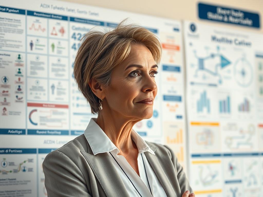 **AI Image Generation Prompt:**

Create a realistic high-resolution photo reflecting the theme of "Navigating Complex Systems in Healthcare." The composition should be simple and clear, featuring a single subject: a thoughtful healthcare leader standing in front of a large wall covered with intricate flowcharts and diagrams depicting various healthcare processes. 

The subject should be a middle-aged woman, dressed in professional attire, with a look of concentration on her face as she closely examines the 