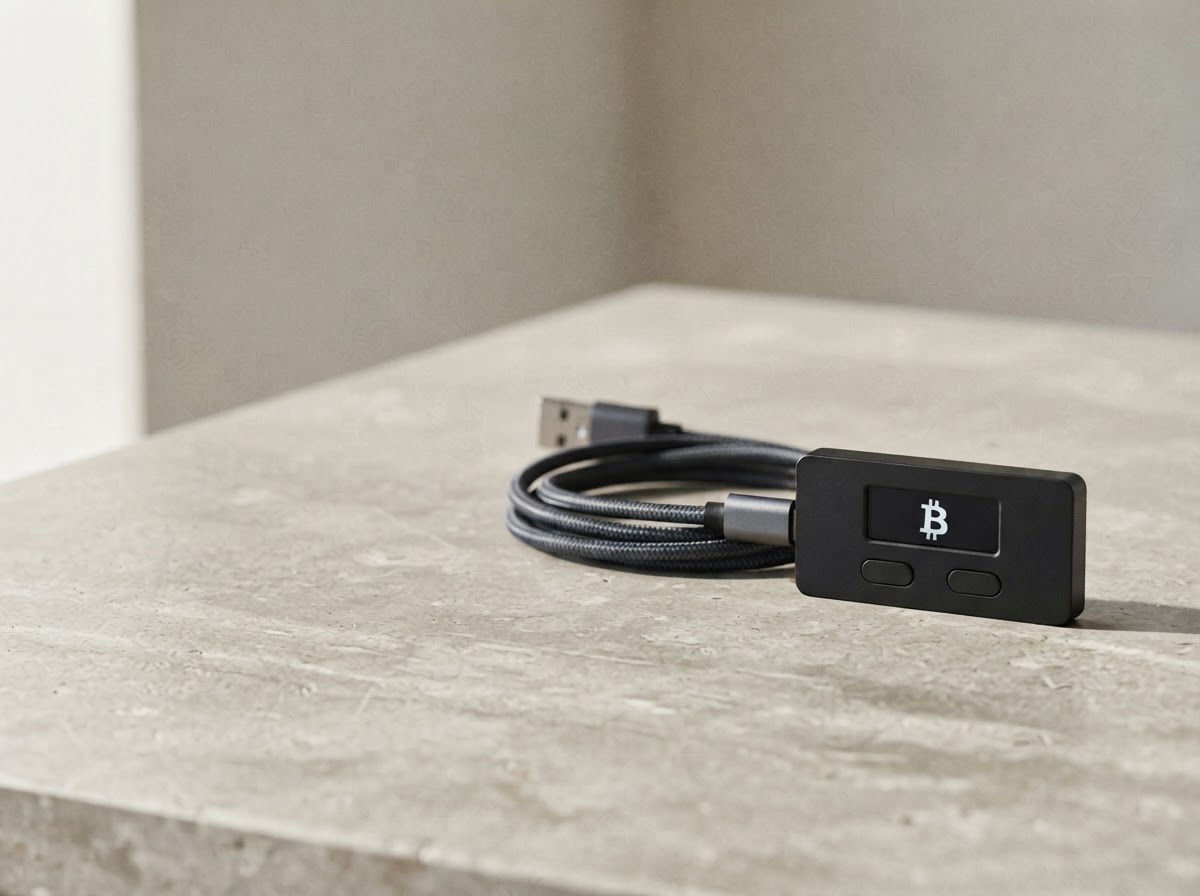 A Trezor-style hardware wallet and cable arranged on a bright surface