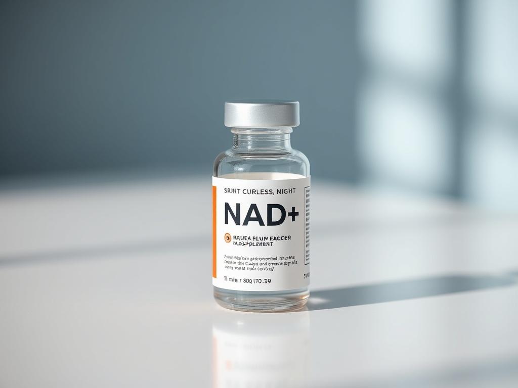 A close-up shot of a sleek, modern vial of NAD+ supplement, placed on a minimalist white surface. The background should be softly blurred to emphasize the vial, which is the only subject in focus. The vial should have a shiny, reflective surface, capturing the light in a visually appealing way. The color palette should harmonize with the primary color rgb(50, 170, 39), creating a fresh and inviting look.
