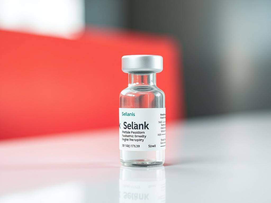 A hyper-realistic close-up shot of a Selank peptide vial, featuring a clear glass container with a silver cap, positioned on a sleek white surface. The background should be softly blurred, emphasizing the vial while incorporating a subtle gradient of the primary color rgb(50, 170, 39). The lighting should be soft yet vibrant, highlighting the purity and quality of the product.