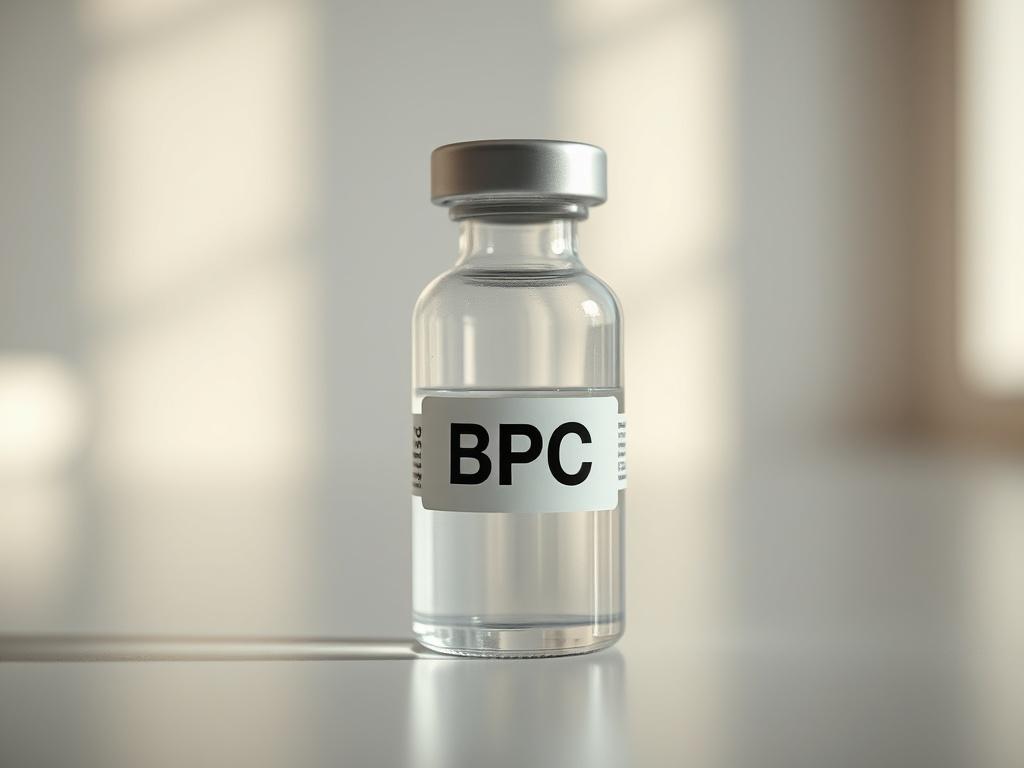 A close-up shot of a clear liquid vial labeled 'BPC'. The vial should be placed on a simple, clean surface, with soft lighting highlighting the transparency of the liquid inside. The background should be softly blurred to keep the focus on the vial, ensuring it appears realistic and high-quality.
