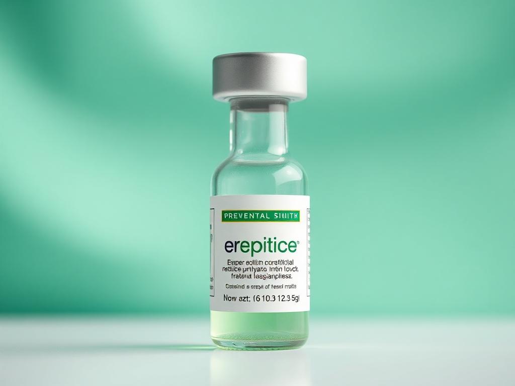 A hyper-realistic close-up shot of a premium peptide vial, elegantly displayed against a soft-focus background that complements the green color scheme, emphasizing the purity and quality of the product.