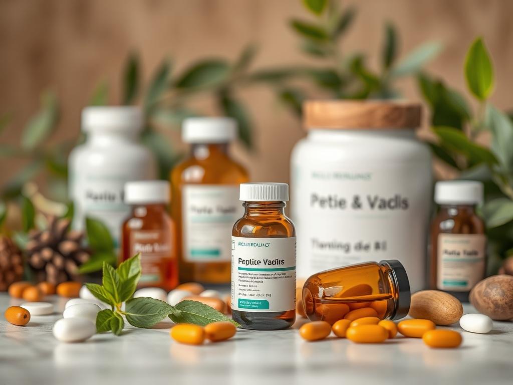 A hyper-realistic close-up shot of a wellness-focused product arrangement, featuring peptide vials alongside natural supplements, creating an inviting and health-centric atmosphere.