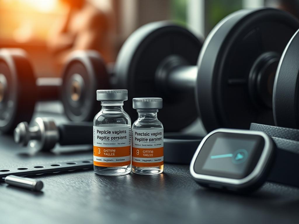 A hyper-realistic close-up shot of an athletic setting featuring peptide vials, weights, and a fitness tracker, highlighting the commitment to performance and health.