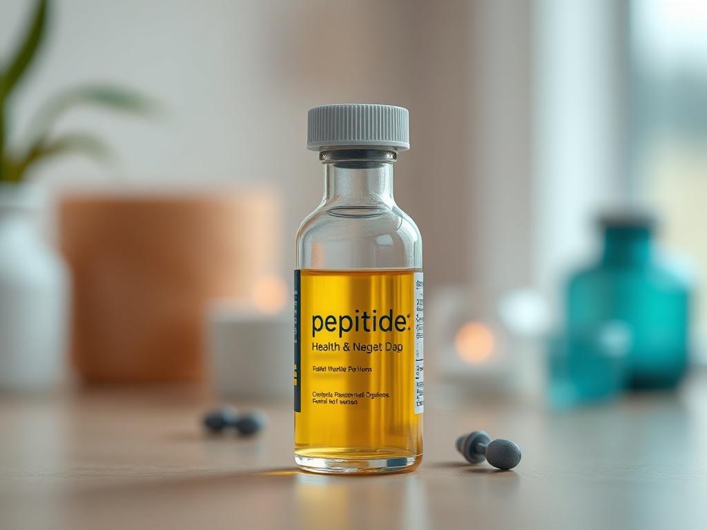 A realistic close up shot of a peptide vial, with