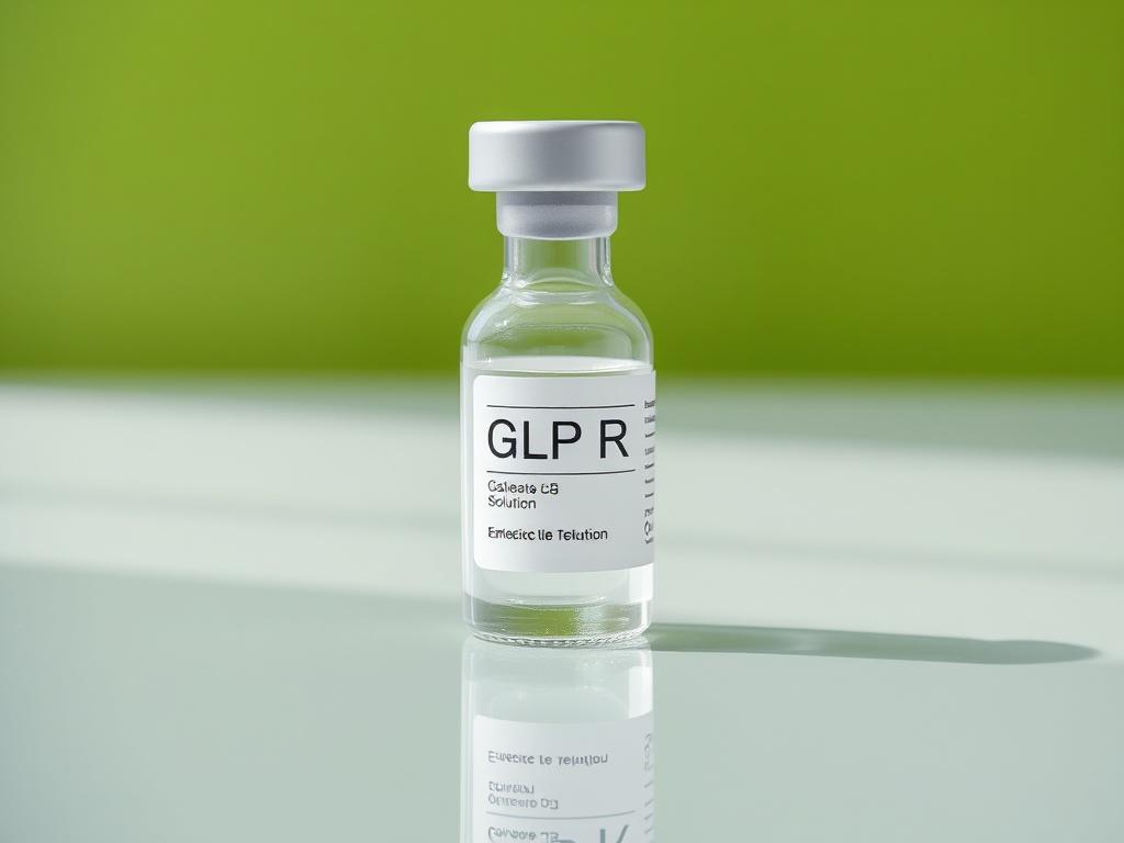 A hyper-realistic close-up shot of a clear glass vial containing a liquid peptide solution labeled 'GLP R'. The vial is elegantly placed on a reflective surface that slightly distorts the background, showcasing a minimalistic and clean environment. Soft, natural lighting enhances the clarity of the vial, while the background features a subtle gradient of green hues, aligning with the primary color rgb(50, 170, 39). The focus is entirely on the vial, emphasizing its sleek design and the purity of the solutio