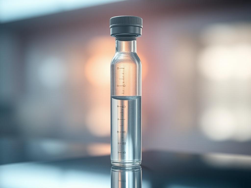 A hyper-realistic close-up of a vial containing a clear, viscous liquid, representing stem cell treatment. The vial is elegantly displayed against a softly blurred background that suggests a clinical setting. The lighting is bright, highlighting the clarity of the liquid and the sleek design of the vial. The composition focuses solely on the vial, taking into account a 45mm f/1.2 lens style, ensuring sharp details and a professional appearance.