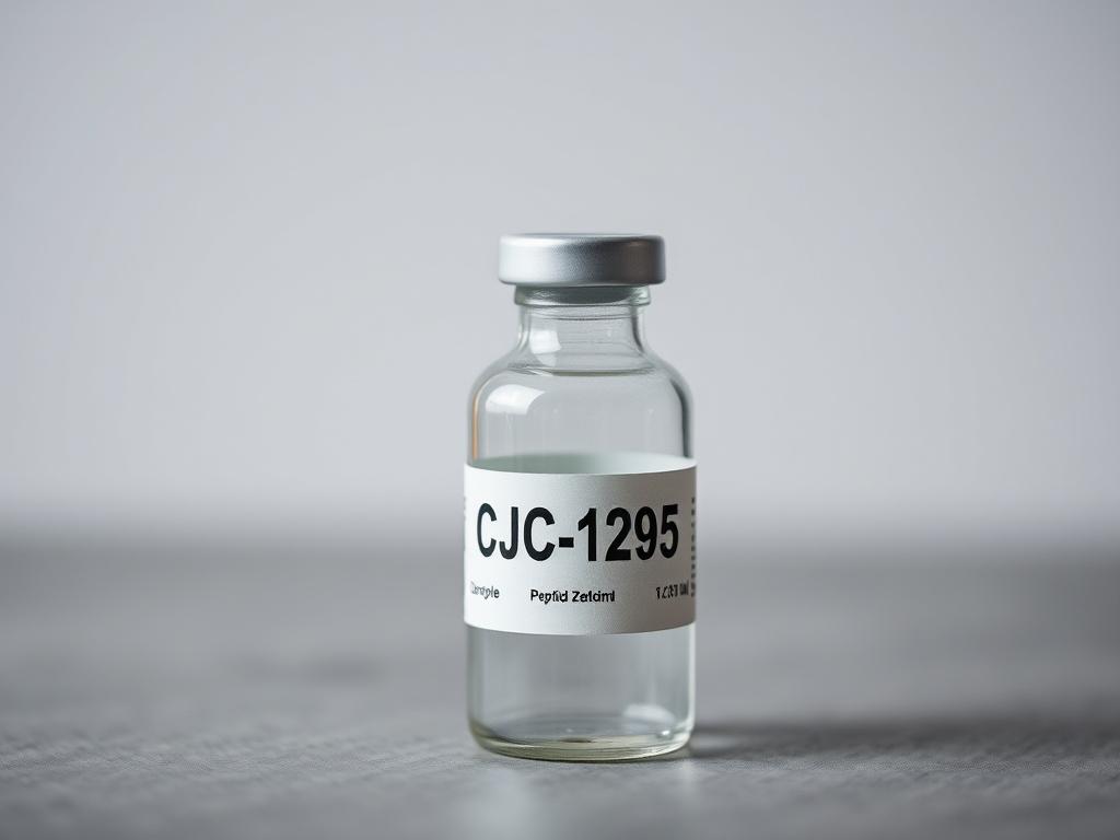 A close-up shot of a clear glass vial with a label reading 'CJC-1295'. The vial should be prominently displayed in the center of the image, showcasing its sleek design and contents. The background should be simple and blurred to emphasize the vial, with soft lighting that highlights the glass's clarity and the label's details. The overall composition should evoke a sense of professionalism and purity, suitable for a high-quality peptide product.
