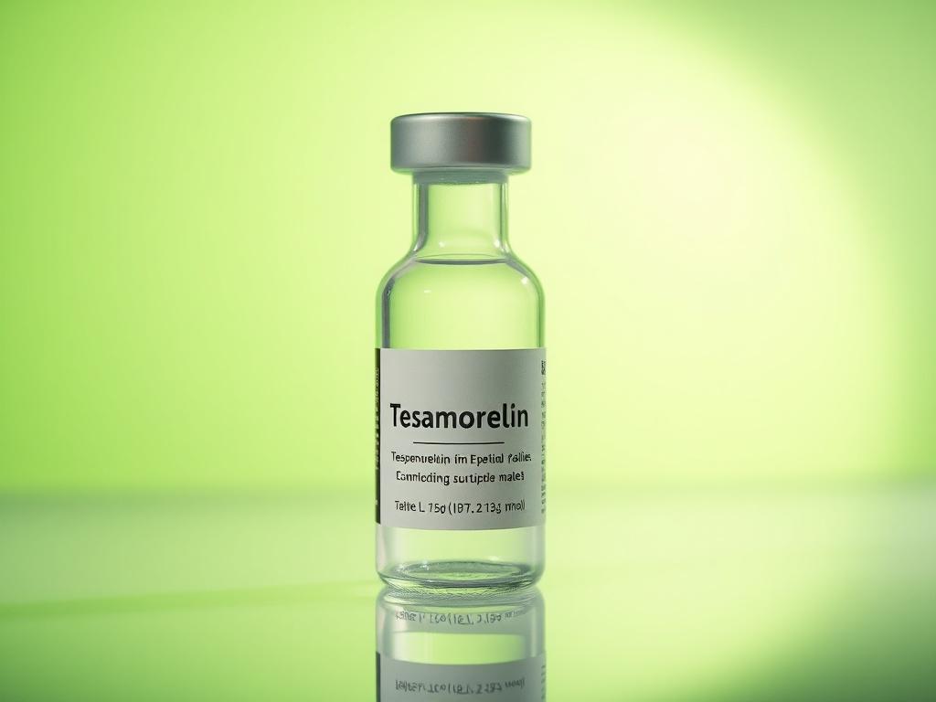 A hyper-realistic close-up shot of a vial of Tesamorelin peptide, placed on a sleek, reflective surface. The background should be a soft gradient of green tones, emphasizing the primary color rgb(50, 170, 39). Natural light should accentuate the vial's labeling, showcasing its clarity and quality. The composition should focus solely on the vial, with no additional elements distracting from the product.