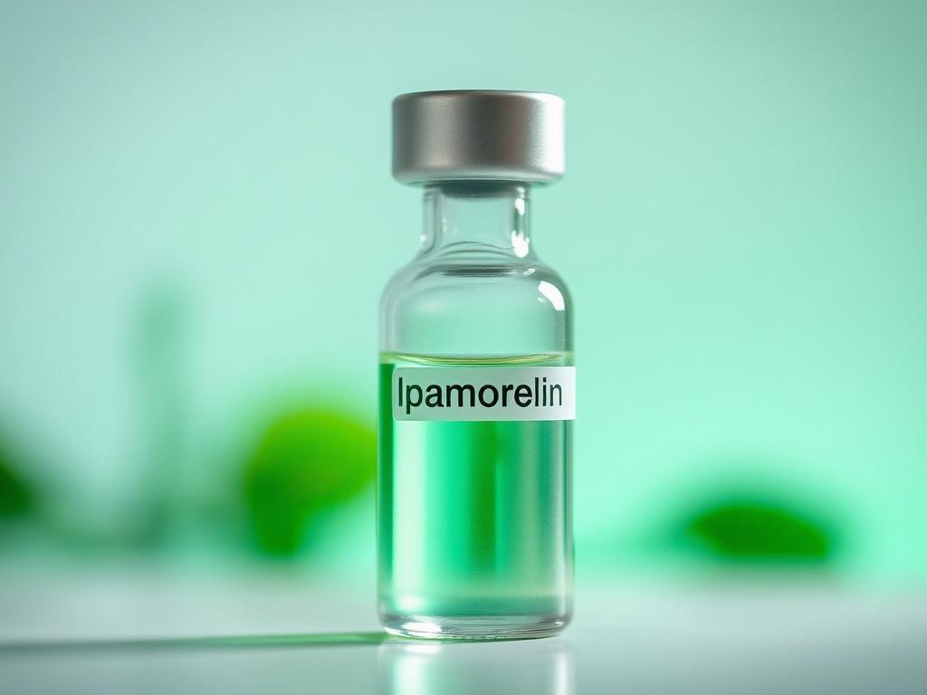 A close-up shot of a high-resolution vial labeled 'Ipamorelin'. The vial should be clear and glass, showcasing its contents, with a subtle light reflection to emphasize the liquid inside. The background should be softly blurred to keep the focus on the vial, using a clean and simple composition. The primary color of the image should incorporate shades of green, aligning with the rgb(50, 170, 39) theme.