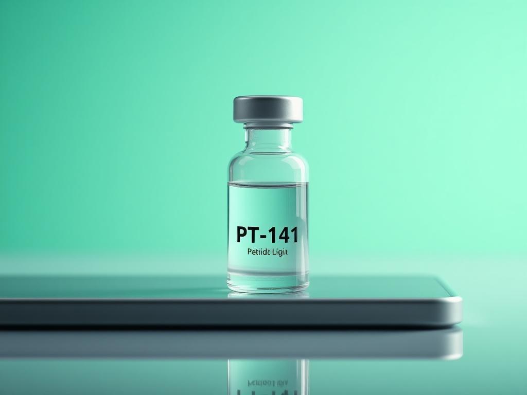 A close-up shot of a small vial of PT-141 peptide, showcasing its clear liquid contents. The vial should be placed on a sleek, reflective surface, with soft natural lighting to highlight the product's clarity and purity. The background should be a subtle gradient of green to match the primary color rgb(50, 170, 39), ensuring the focus remains on the vial without any distractions.
