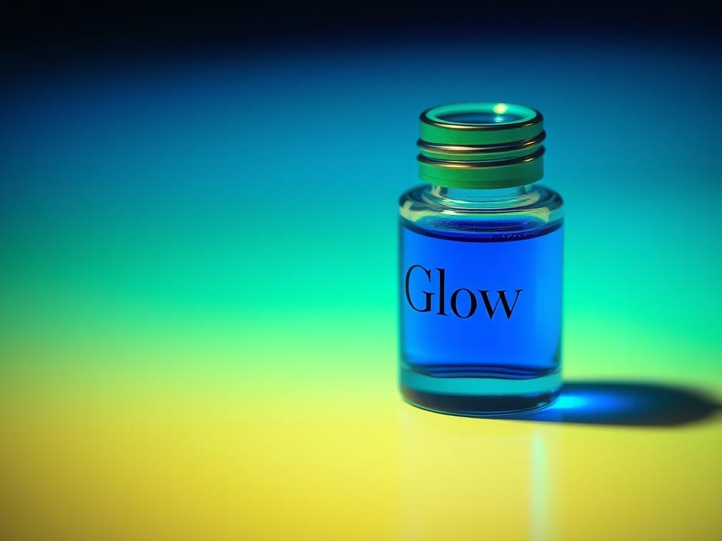 A close-up shot of a blue liquid in a sleek, elegant vial. The vial prominently displays the word 'Glow' in a stylish font. The background should be softly blurred, enhancing the focus on the vial, and the color scheme should harmoniously incorporate shades of blue and green. The lighting should be bright and inviting, creating a sense of vitality and allure.