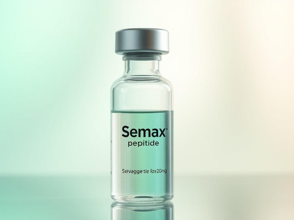 A close-up shot of a clear glass vial containing Semax peptide, with a sleek, modern design. The background is softly blurred to emphasize the vial, featuring a gradient of green tones that complement the product. The lighting is bright and inviting, highlighting the vial's clarity and the purity of the liquid inside, shot with a 45mm f/1.2 lens.