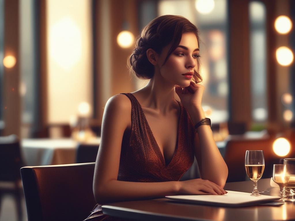 A stunning young woman in a glamorous evening dress, seated