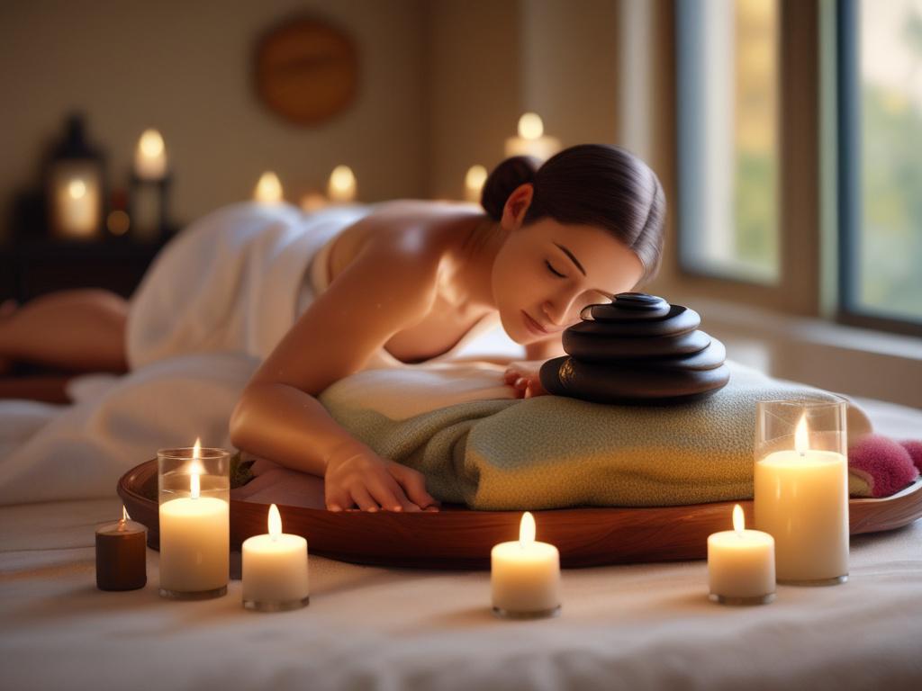 A serene spa like setting with soft lighting, featuring a