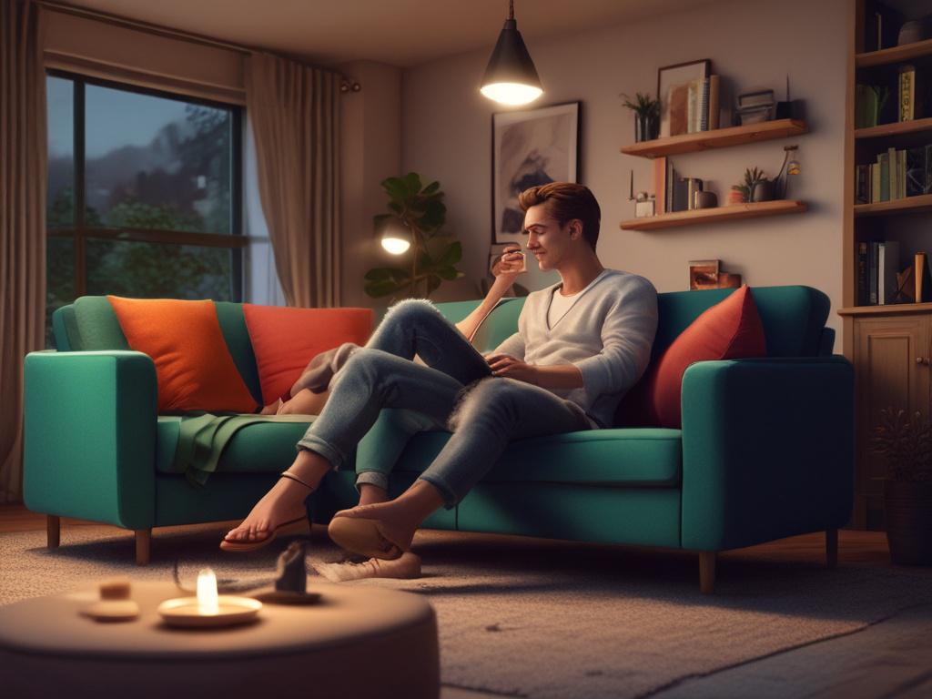 A couple enjoying a cozy evening at home, seated together