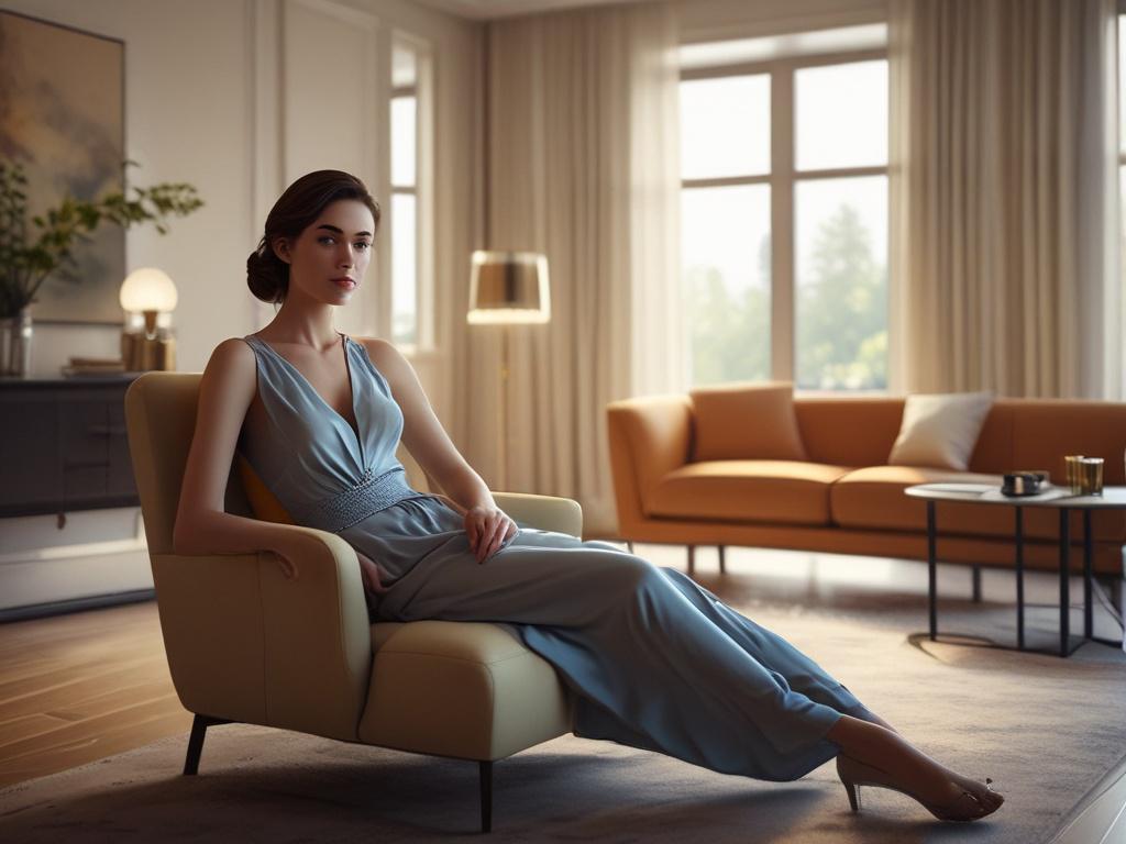 A graceful woman in a stylish dress, sitting elegantly in