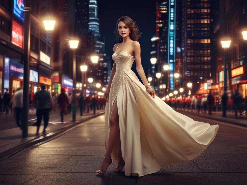 An elegant actress in a stunning gown, posing gracefully in