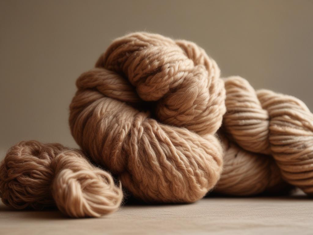 high-resolution photo of handspun alpaca yarn, natural tones, rustic aesthetic, simple composition, single skein of yarn, earthy textures, warm lighting