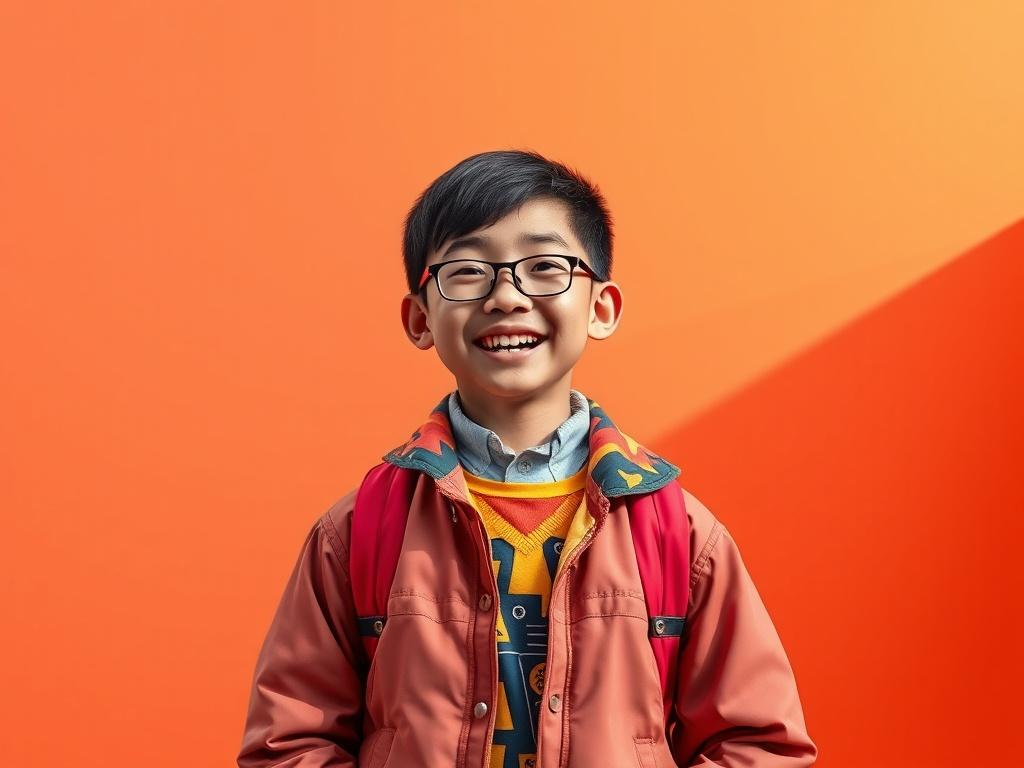 A photorealistic image of a 13-year-old Chinese boy with a bright smile, showcasing a colorful and trendy outfit inspired by Italian brainrot style. The background is minimalistic with clean lines, featuring bold, vibrant colors that complement the primary color rgb(40, 93, 225). The focus is on the boy, capturing his youthful energy and enthusiasm.