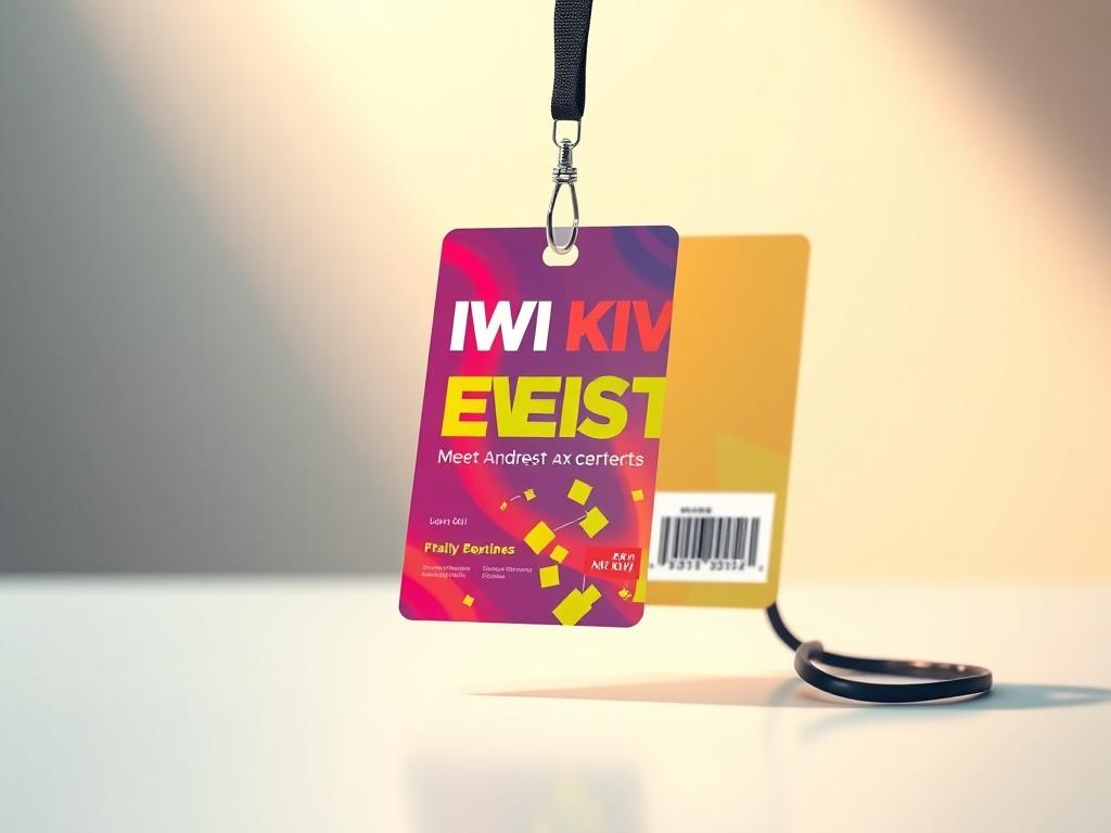 A sleek, photorealistic event pass displayed against a soft-focus background. The pass features vibrant colors and incorporates IWI KIWI’s branding elements, showcasing the excitement of the meet-and-greet event. The design is eye-catching and professional, capturing the essence of a fun and exclusive experience. The pass looks high-quality, with a lanyard attached, suggesting a real-life event.