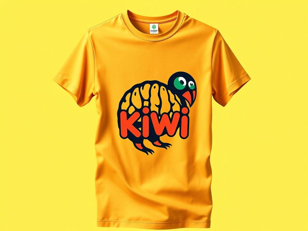 A vibrant, photorealistic T-shirt displayed on a simple background. The T-shirt features a colorful print of IWI KIWI’s logo and a fun, Italian brainrot design. The fabric looks soft and comfortable, with natural folds and shadows highlighting its texture. The image should have bold, vibrant colors that pop against a clean, minimalistic backdrop.