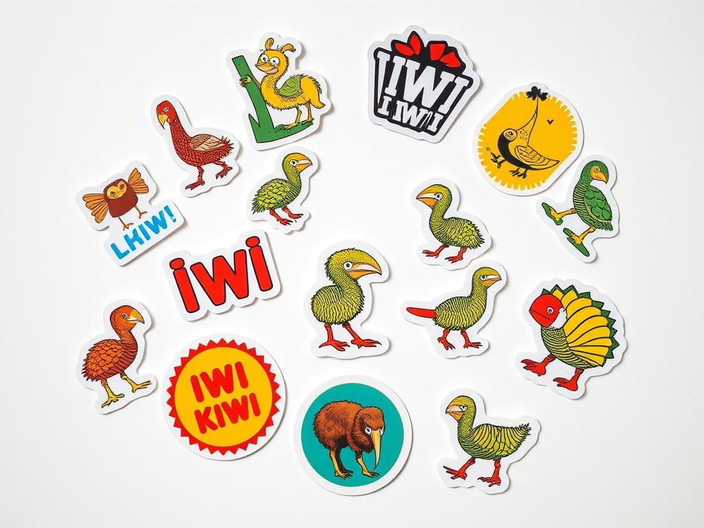 A collection of colorful stickers laid out on a clean, white surface. Each sticker showcases different designs inspired by IWI KIWI, featuring playful illustrations and vibrant colors. The stickers look glossy and durable, emphasizing their high quality. The arrangement is casual yet visually appealing, highlighting the fun and creativity of the designs.