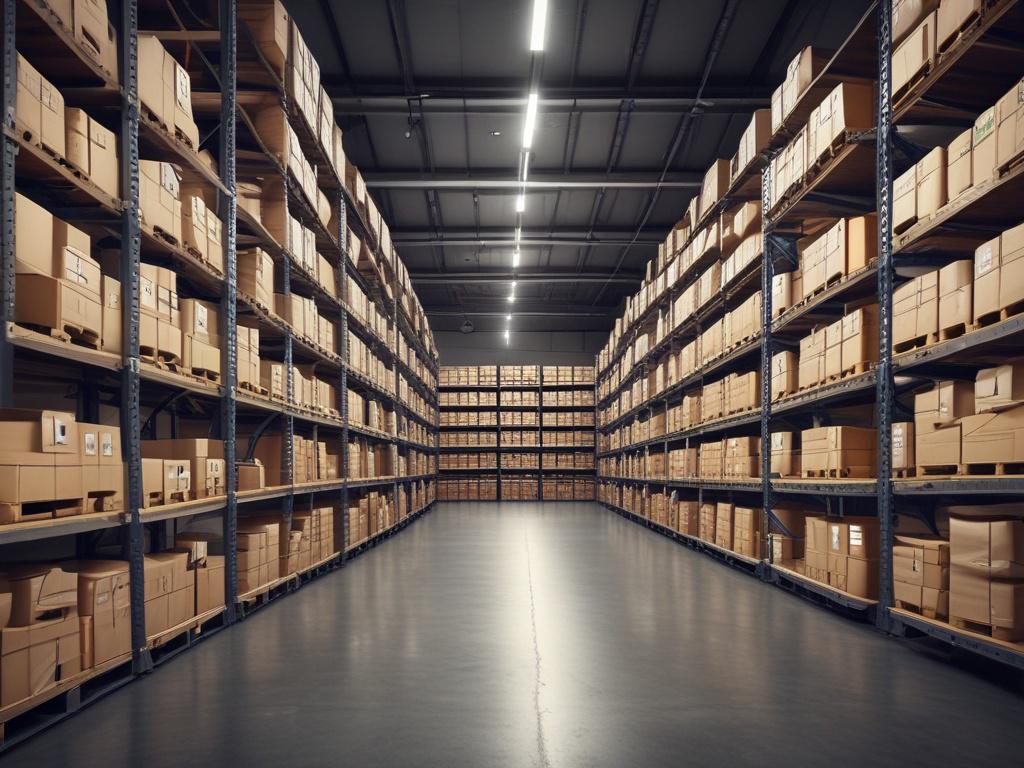 A hyper-realistic close-up shot of a modern warehouse environment, showcasing organized inventory shelves filled with neatly stacked boxes. The focus is on a single, well-labeled box in the foreground, emphasizing clarity and organization. The background features a clean, well-lit warehouse space with a hint of green accents to align with the rgb(50, 170, 39) color scheme. The composition should reflect efficiency and professionalism, shot with a 45mm f/1.2 lens style.