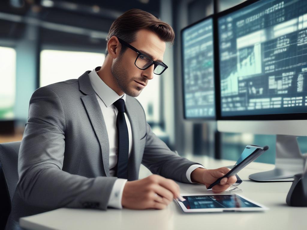 A hyper-realistic close-up shot of a professional asset manager in a modern office setting, analyzing data on a digital tablet. The background features a large screen displaying asset management statistics and a well-organized workspace. The image is shot with a 45mm f/1.2 lens, focusing on the manager's thoughtful expression as they strategize, with an RGB color scheme highlighting green tones (rgb(50, 170, 39)).