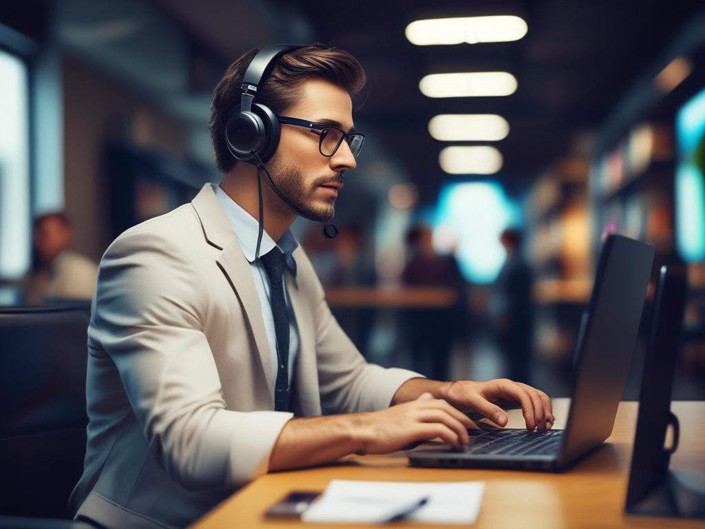 A hyper-realistic close-up shot of a professional wearing a headset, actively engaged in a conversation with a laptop in front of them. The background should be a blurred office environment, emphasizing focus on the subject. The lighting is bright and warm, highlighting the professionalism and dedication of the vendor coordination process. The overall color scheme should include the primary color rgb(50, 170, 39) subtly integrated into the design elements.