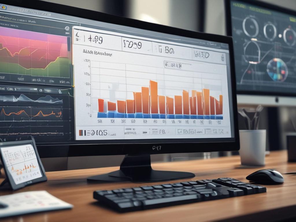 A hyper-realistic close-up shot of a computer screen displaying an advanced data management software dashboard. The screen shows visually engaging graphs and charts representing inventory data analysis and insights. The background is a modern office environment with soft, natural lighting, enhancing the professional feel. The composition focuses solely on the computer screen, ensuring that the dashboard's clarity and details are highlighted. The image should align with the rgb(50, 170, 39) primary color.