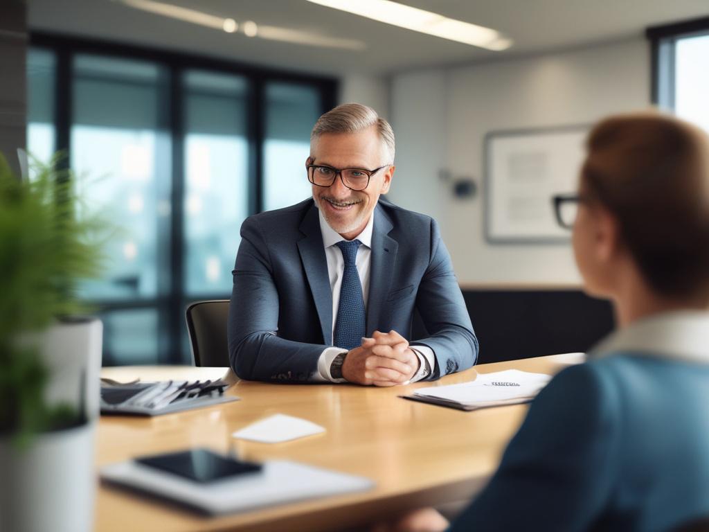 A hyper-realistic close-up shot of a business consultant engaging with a client in a modern office setting. The consultant is a middle-aged professional, dressed in smart business attire, showcasing a confident demeanor while presenting a strategic plan on a tablet. The background features a sleek office design, with soft lighting and minimalistic decor. The image should convey a sense of professionalism and trust, focusing on the interaction between the consultant and the client, shot with a 45mm f/1.2 len