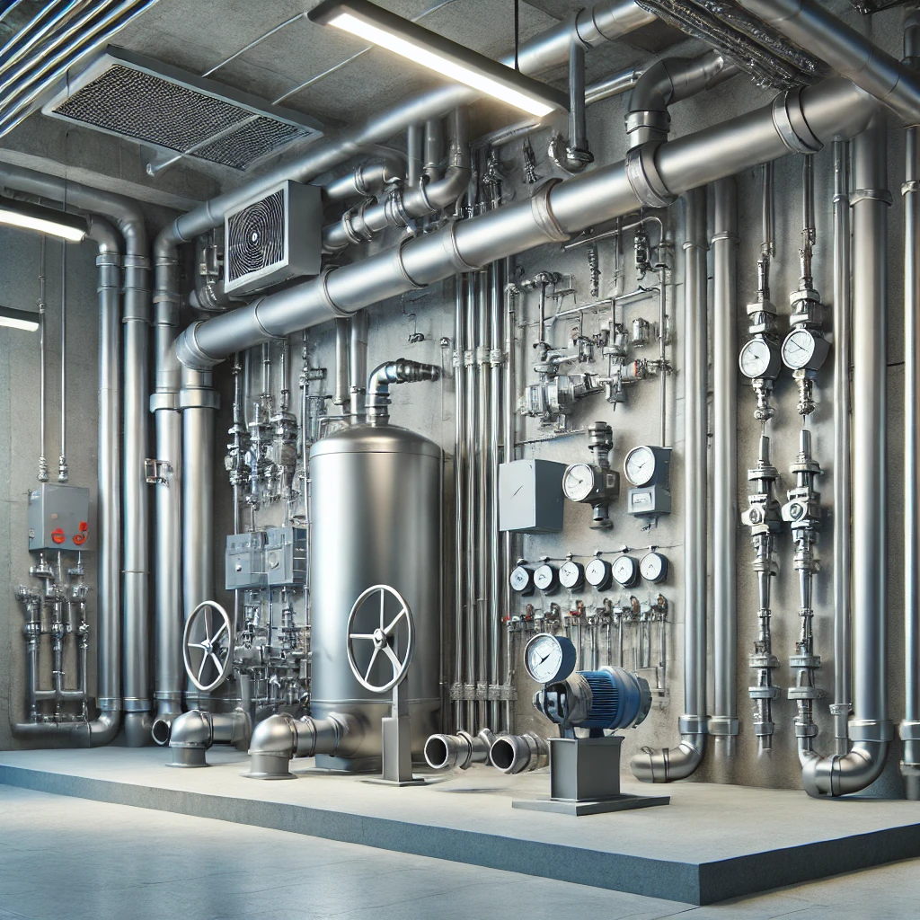 dall·e 2025-03-23 06.02.40 - realistic industrial interior showing a clean and modern water and sewage installation system inside a hall or utility room. the scene includes metal .webp