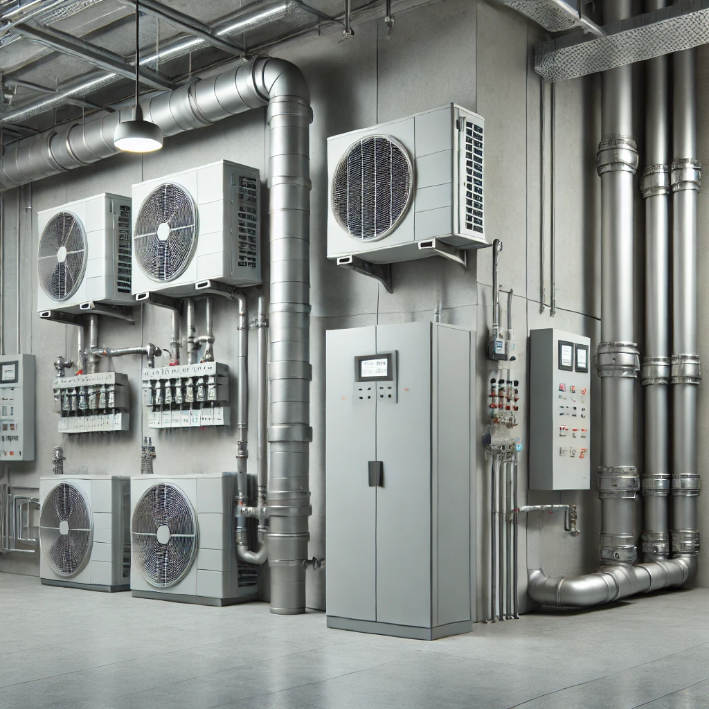 dall·e 2025-03-23 06.53.02 - a modern heating or air conditioning installation in a commercial building interior. the setting includes large hvac units, insulated pipes, heating m.webp
